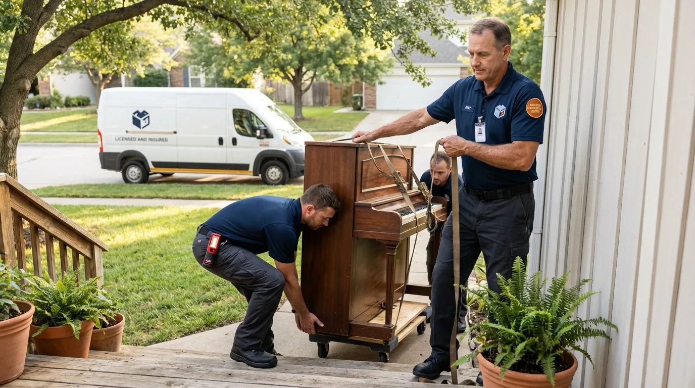 Licensed piano movers securing grand piano in Oakland, TN