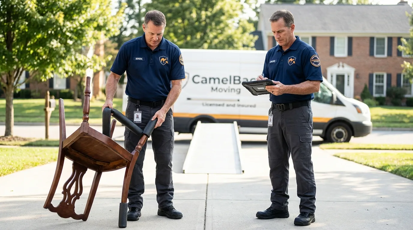 Movers inspecting furniture for damage prevention before loading in Oakland, TN