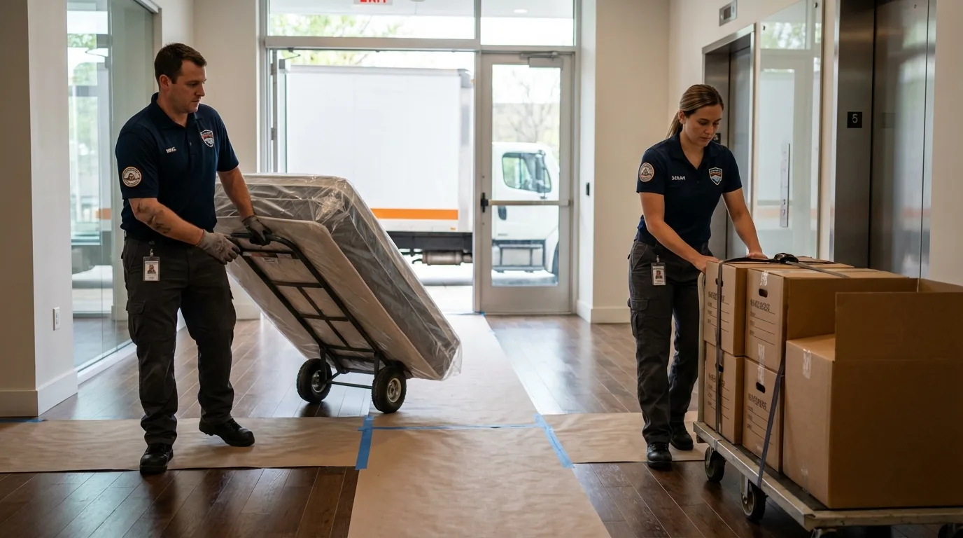 Professional apartment movers loading elevator in Oakland, TN